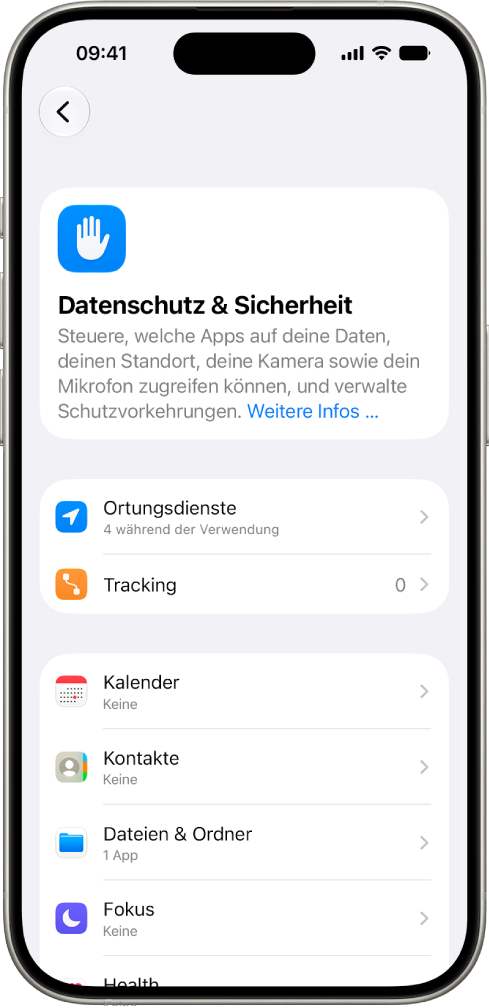 Ein iPhone mit dem Bildschirm „Datenschutz & Sicherheit“ unter „Einstellungen“.