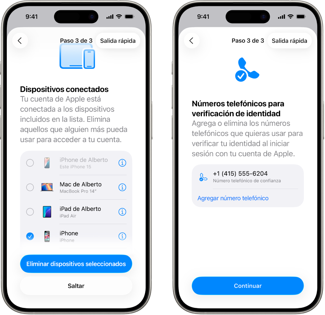 Dos pantallas de iPhone, la primera muestra un dispositivo seleccionado para eliminarse de los dispositivos de confianza y la segunda muestra una pantalla para editar los números de confianza.
