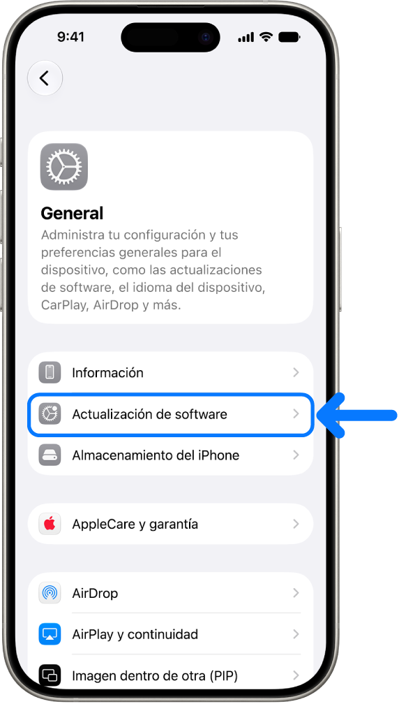 La pantalla del iPhone mostrando que hay una actualización de software disponible.