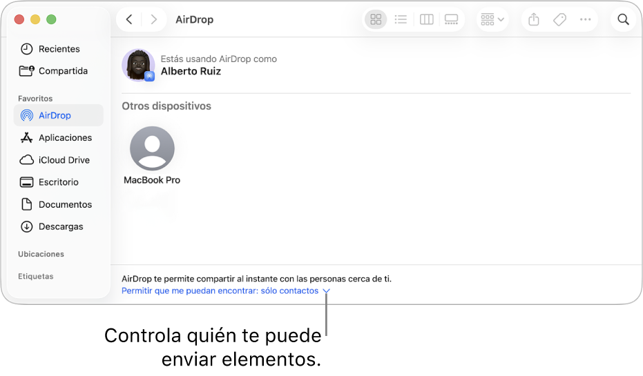 La ventana de AirDrop en el Finder.