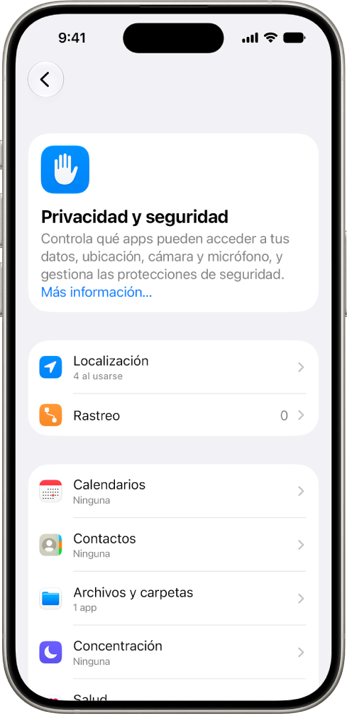 Un iPhone con la pantalla “Privacidad y seguridad” en Ajustes.
