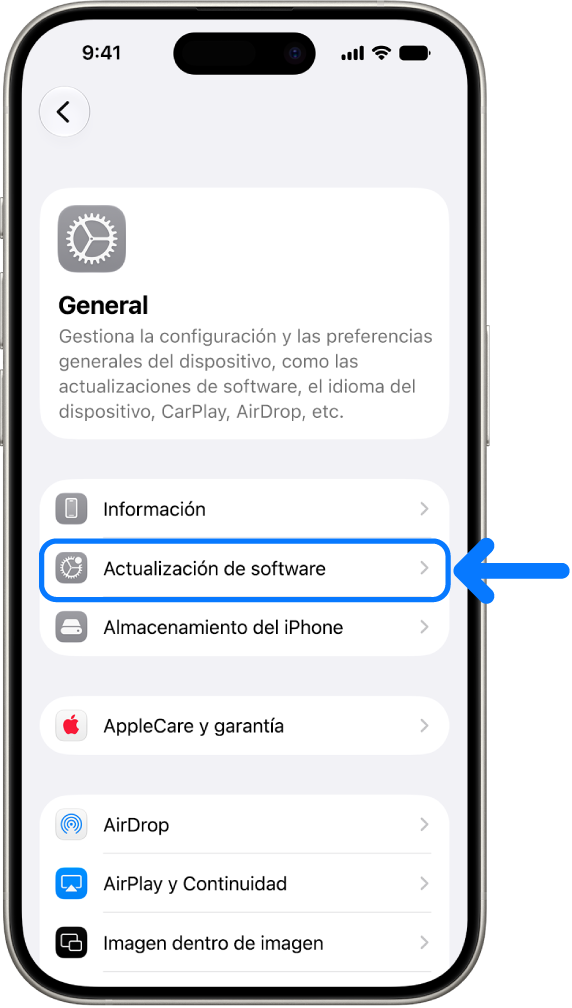 Pantalla de iPhone con una actualización de software disponible.