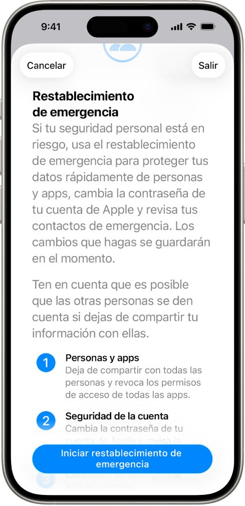 Una pantalla que muestra el botón para iniciar “Restablecimiento de emergencia”.