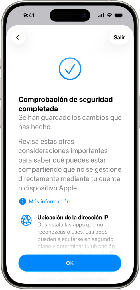 Una pantalla de comprobación de seguridad que muestra que se ha completado la operación de comprobación.