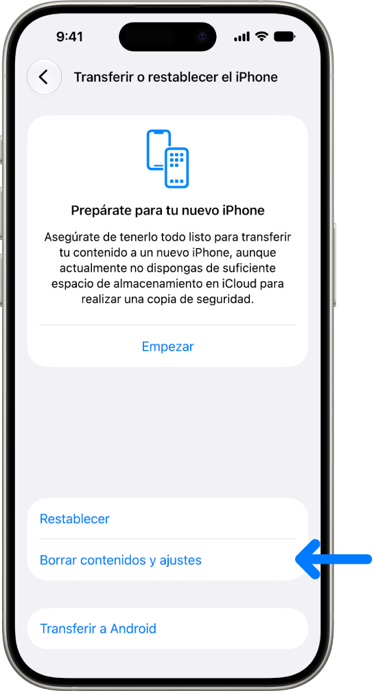 Pantalla de un iPhone con “Borrar contenidos y ajustes” como la opción seleccionada.