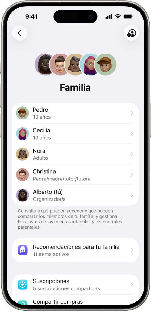 Pantalla “En familia” en Ajustes. Aparece una lista de cinco miembros y hay cuatro suscripciones compartidas con la familia.