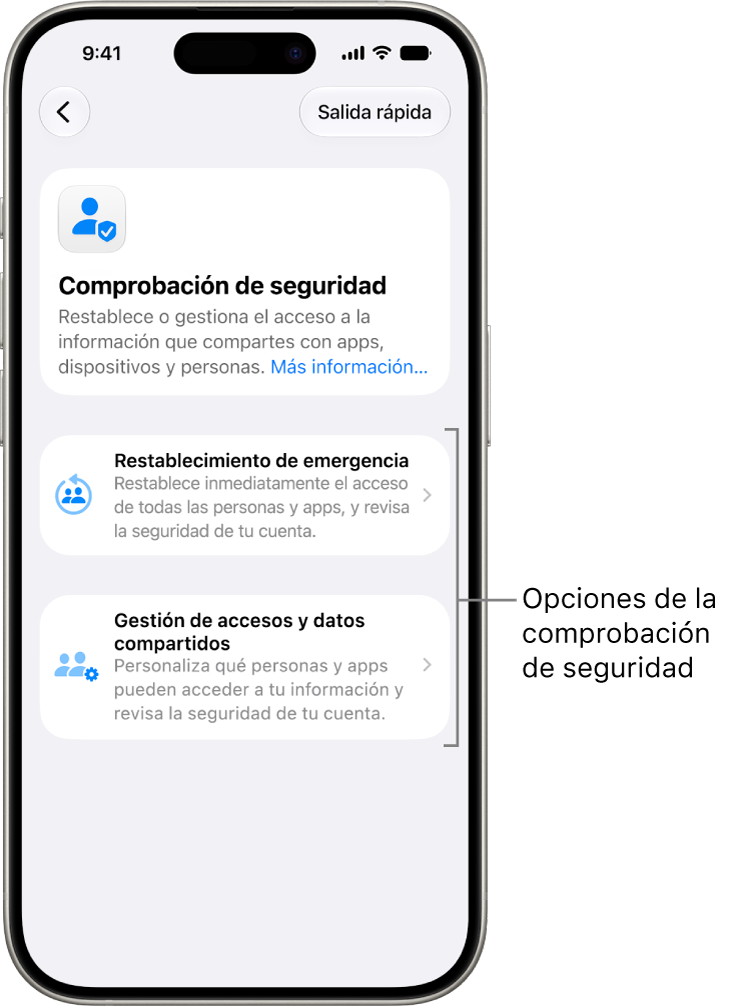 Una pantalla que muestra las dos opciones disponibles con la comprobación de seguridad: “Restablecimiento de emergencia” y “Gestionar accesos y datos compartidos”.