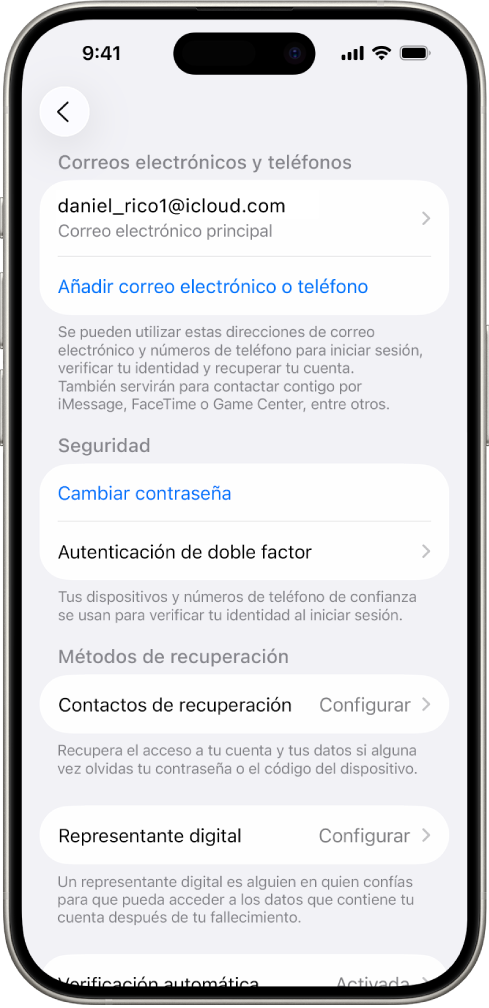 Pantalla de un iPhone que muestra la autenticación de doble factor desactivada.