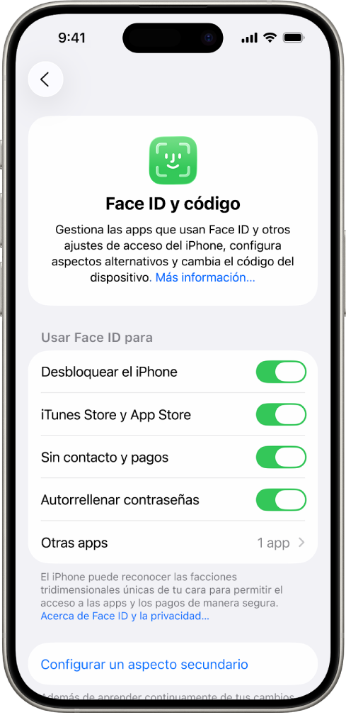 Pantalla “Face ID” del iPhone que muestra para qué se puede usar Face ID, como para desbloquear el iPhone, iTunes y App Store, Cartera y Apple Pay y la función de autorrelleno de contraseña.