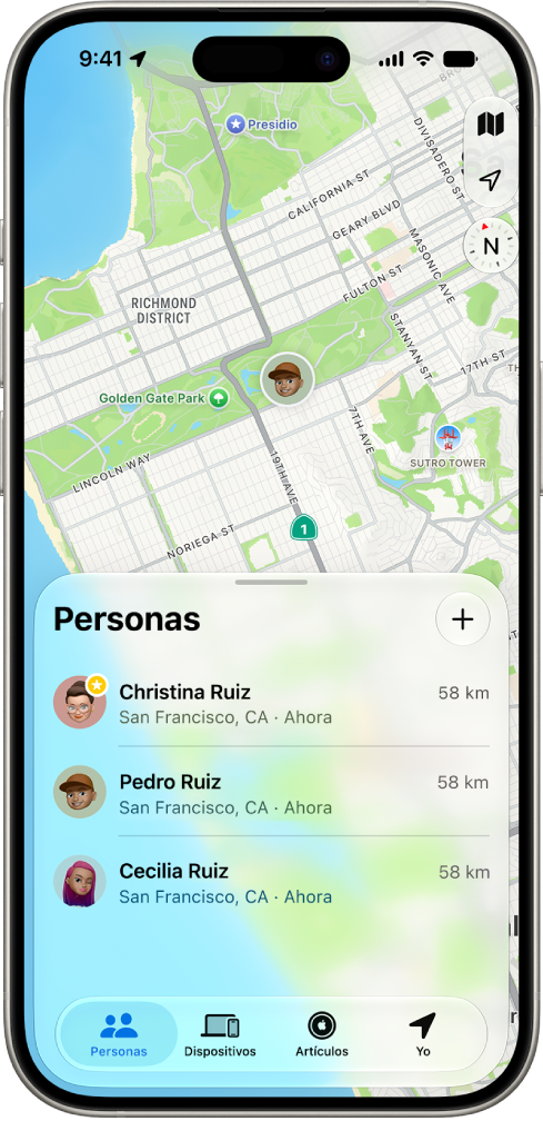 Pantalla del iPhone mostrando la ubicación de un usuario y las de otras cuatro personas.