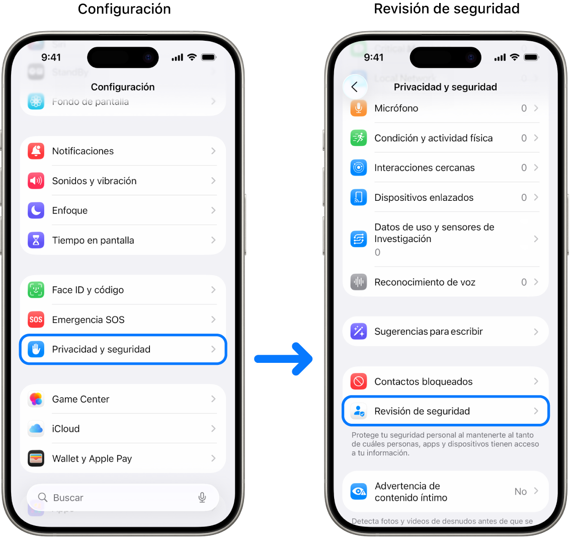 El procedimiento para acceder a la revisión de seguridad desde la app Configuración.