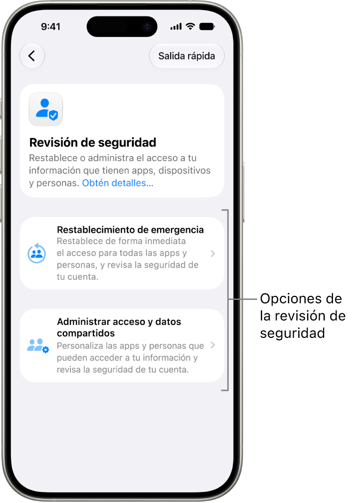 Pantalla mostrando las dos opciones disponibles con la revisión de seguridad: el restablecimiento de emergencia y la opción de administrar accesos y datos compartidos.