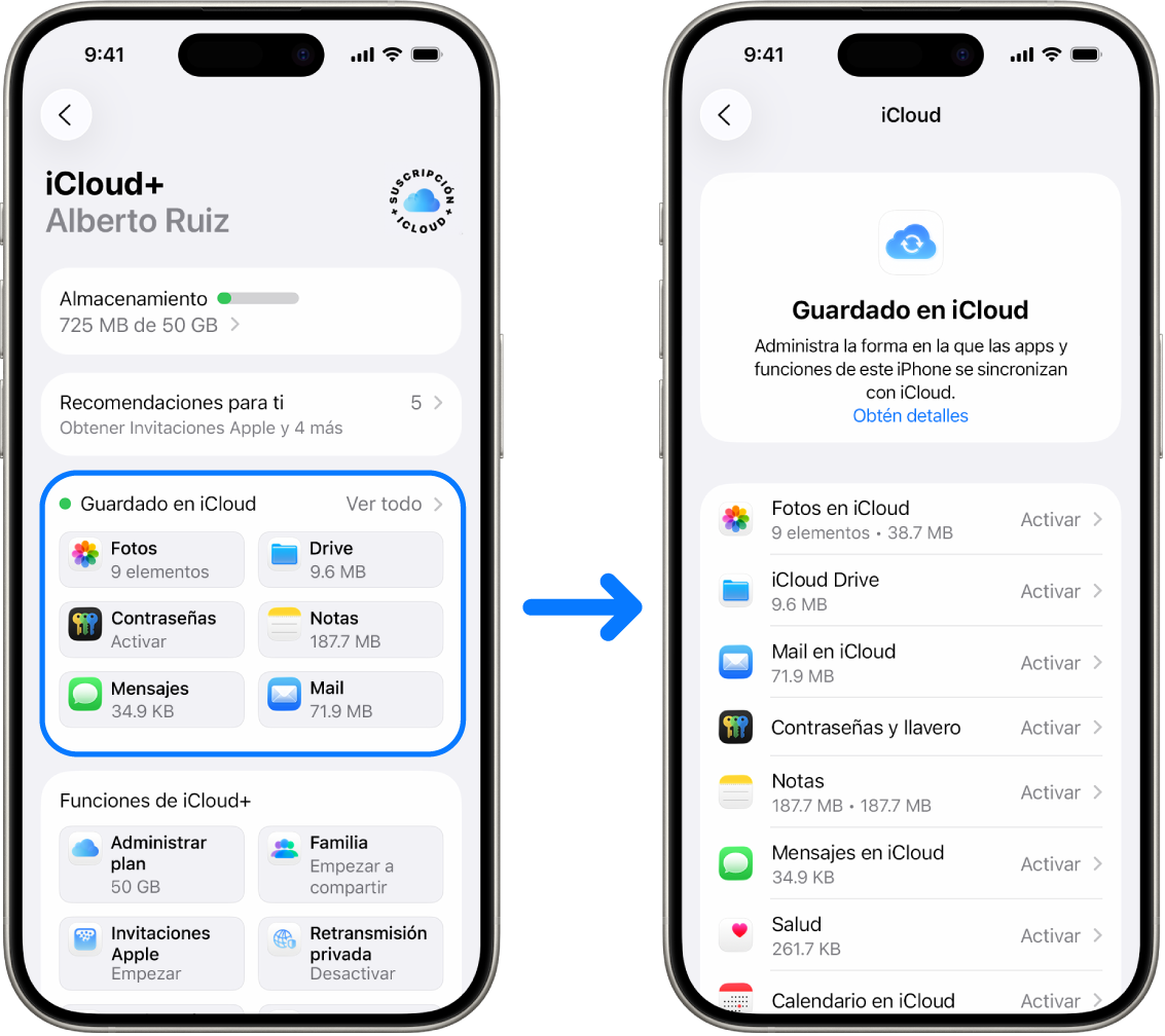 Un iPhone mostrando una cuenta de Apple con la sesión iniciada y con varios servicios de iCloud activados.