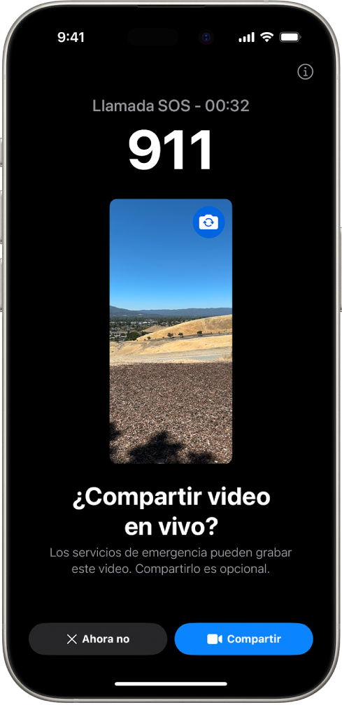 Una pantalla de video en vivo de Emergencia SOS que muestra una llamada de emergencia al 911 con una vista previa del video en el centro. En la parte inferior hay botones para Ahora no y Compartir video.