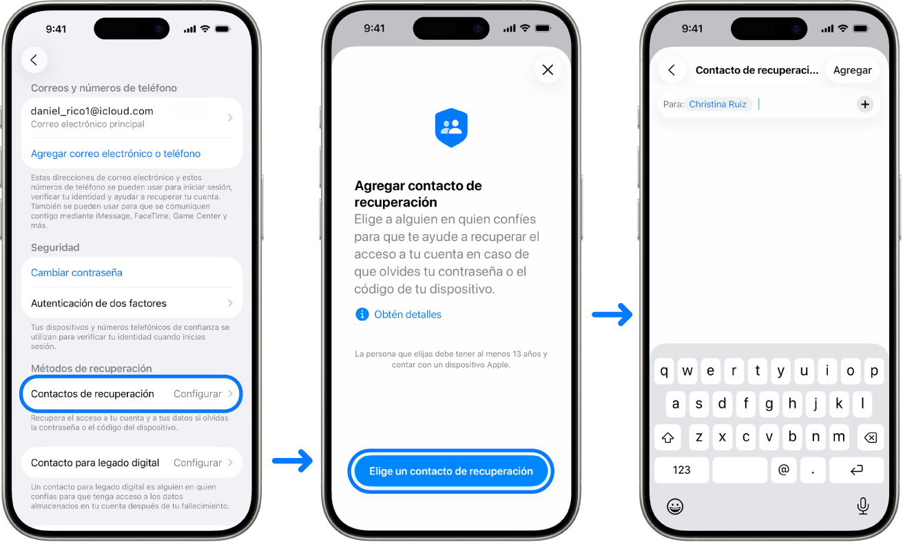 Tres pantallas del iPhone mostrando cómo agregar contactos de recuperación de cuenta.