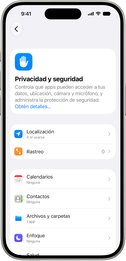 Un iPhone mostrando la pantalla Privacidad y seguridad de la app Configuración.