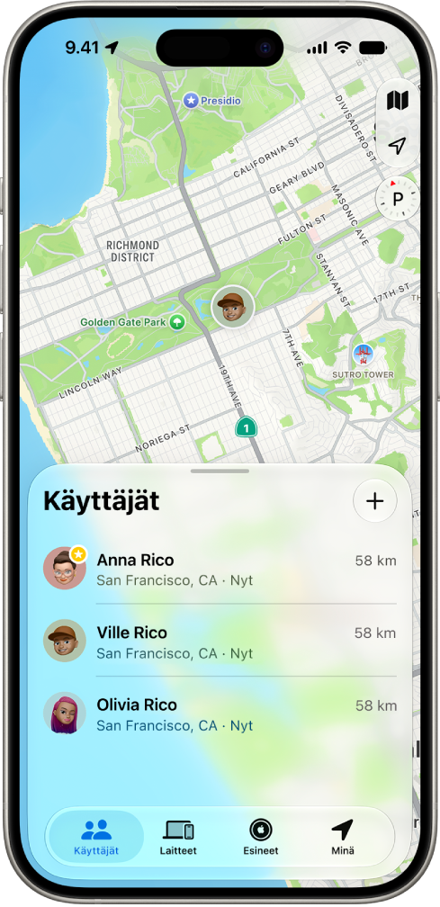 iPhonen näyttö, joka näyttää käyttäjän sijainnin ja neljän muun käyttäjän sijainnin.