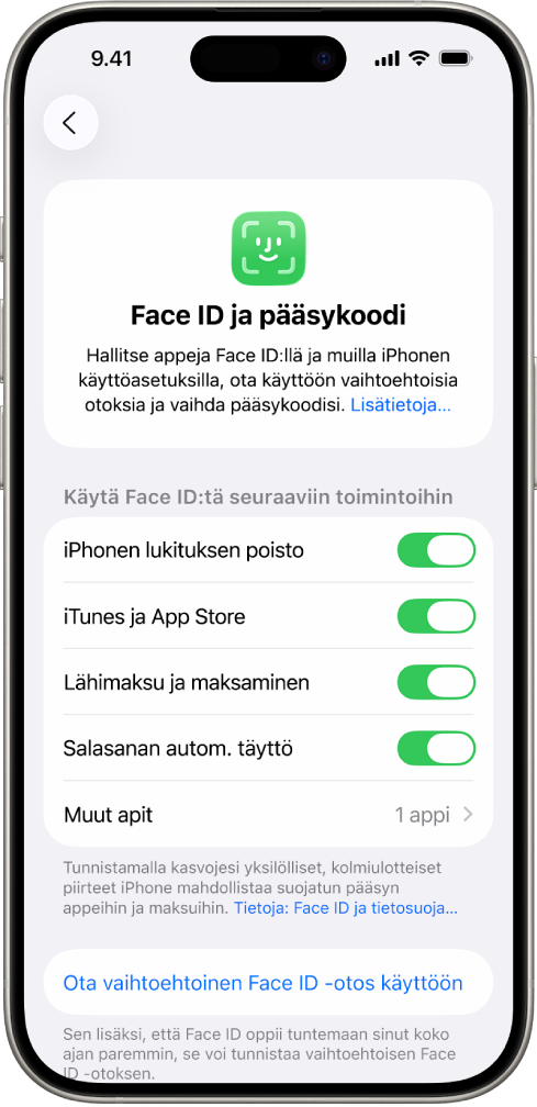 iPhonen Face ID -näyttö, jossa näkyy Face ID:n käyttötarkoituksia, kuten iPhonen lukituksen avaaminen, iTunes ja App Store, Lompakko ja Apple Pay ja salasanojen automaattinen täyttö.