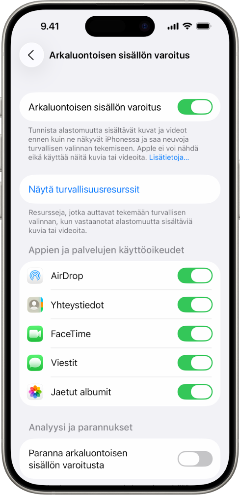 iPhone, jossa näkyy Arkaluontoisen sisällön varoitus ‑näyttö.