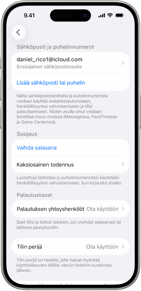 iPhonen näyttö, jossa kaksiosainen todennus on laitettu pois päältä.