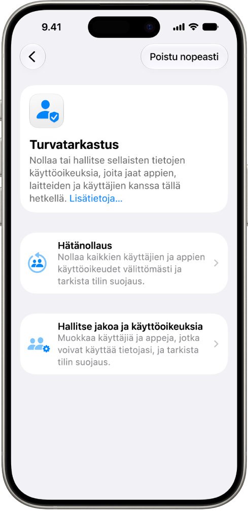 iPhone, jossa näkyy Turvatarkastus-näyttö.
