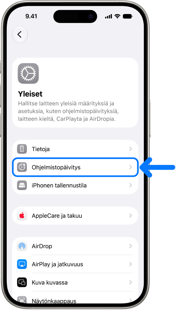 iPhonen näytöllä näkyy, että saatavilla on ohjelmistopäivitys.