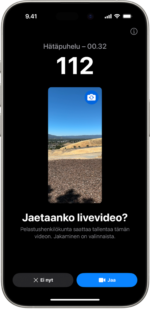 Näkymä Hätätila SOS ‑toiminnon live-videosta, jossa näkyy hätäpuhelu ja video keskellä. Alareunassa ovat Ei nyt‑ ja Jaa video ‑painikkeet.
