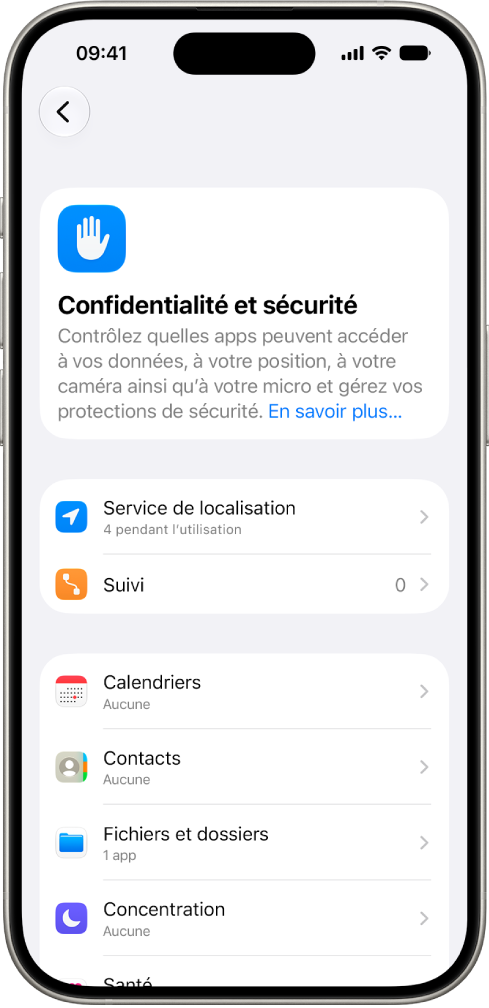 Un iPhone qui affiche l’écran Confidentialité et sécurité dans Réglages.