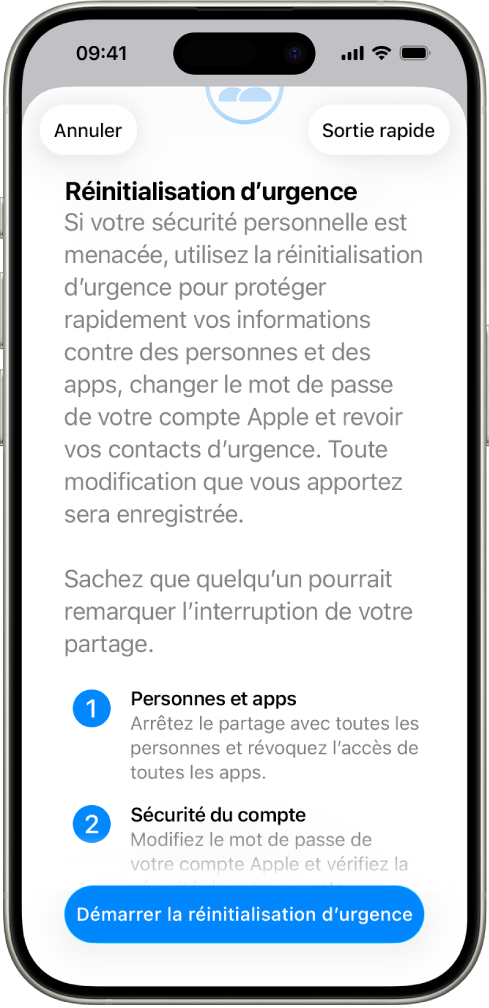 Un écran qui montre le bouton pour démarrer la réinitialisation d’urgence.