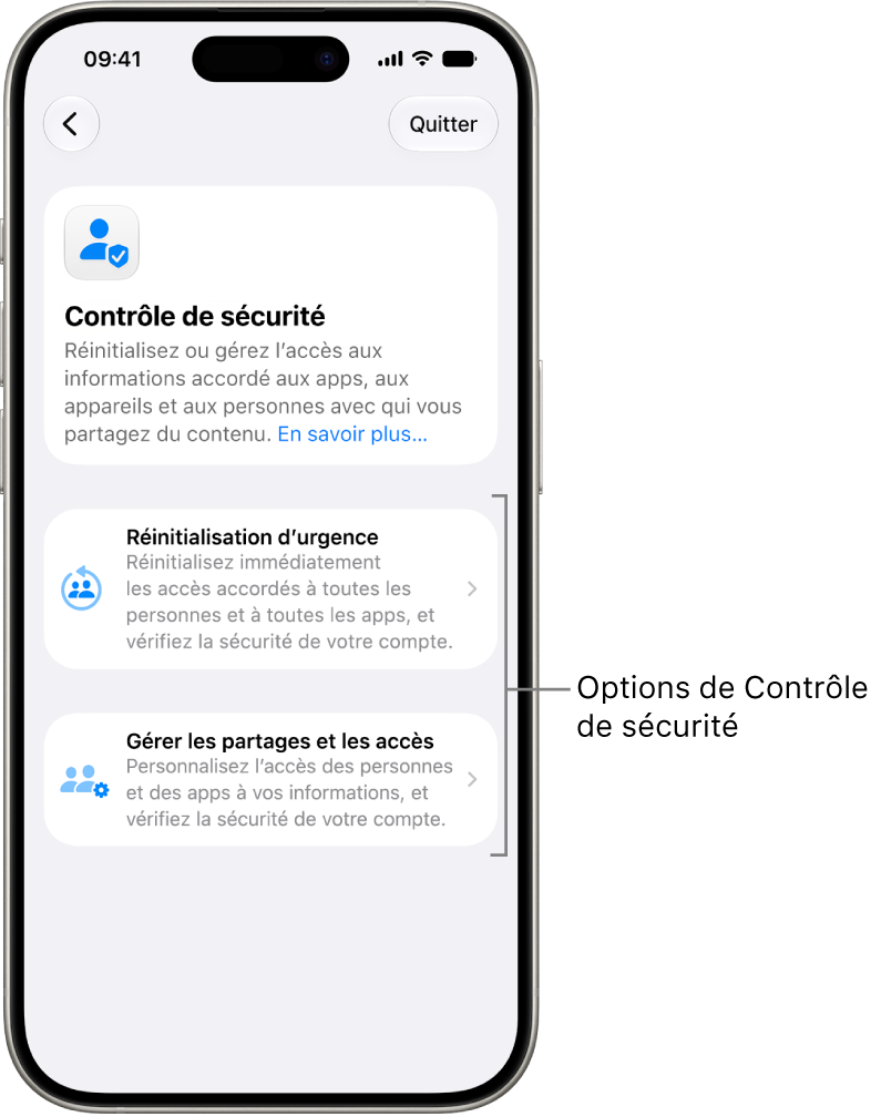 Un écran affichant les deux options disponibles avec Contrôle de sécurité : Réinitialisation d’urgence et Gérer les partages et les accès.