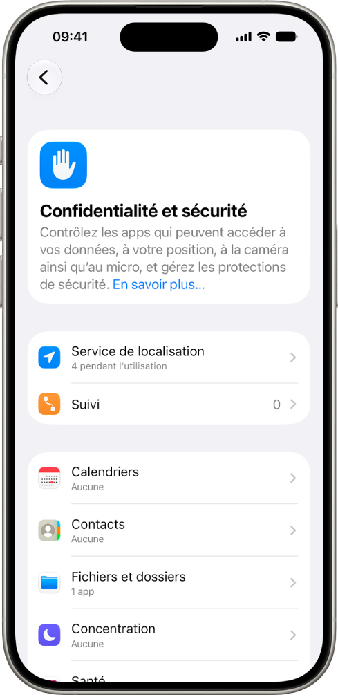 iPhone affichant l’écran « Confidentialité et sécurité » de Réglages.