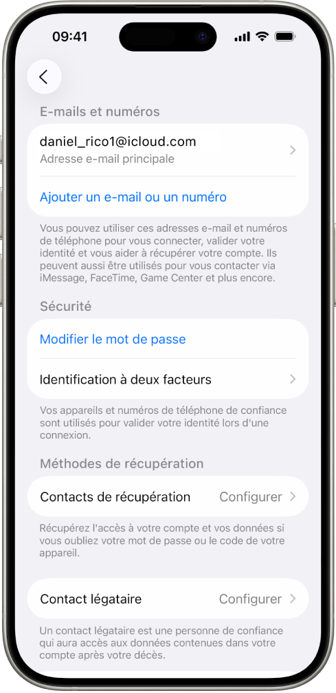 Écran d’un iPhone montrant l’identification à deux facteurs désactivée.