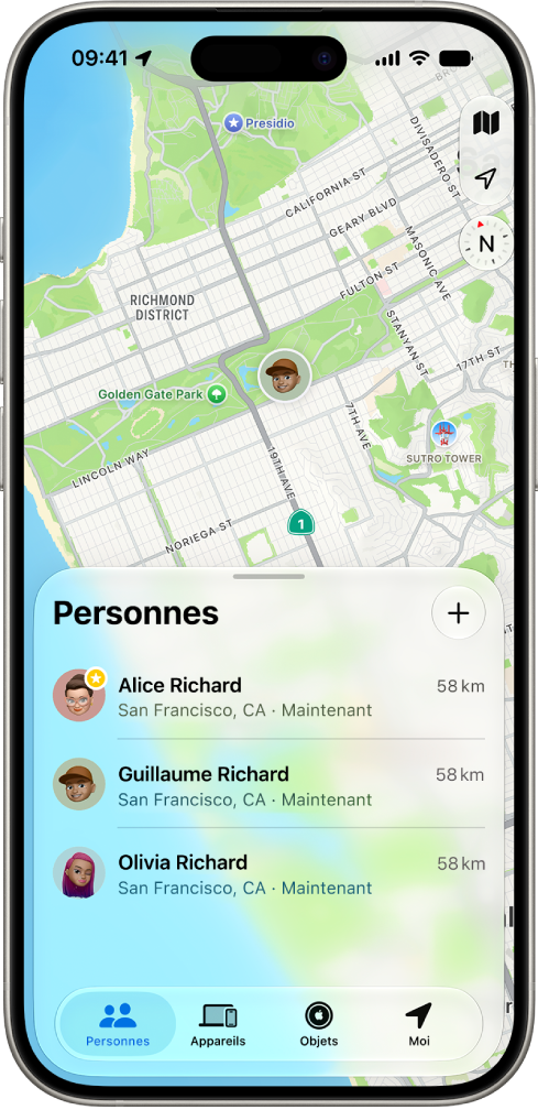 L'écran d’un iPhone montrant la position d’un utilisateur ainsi que celles de quatre autres utilisateurs.