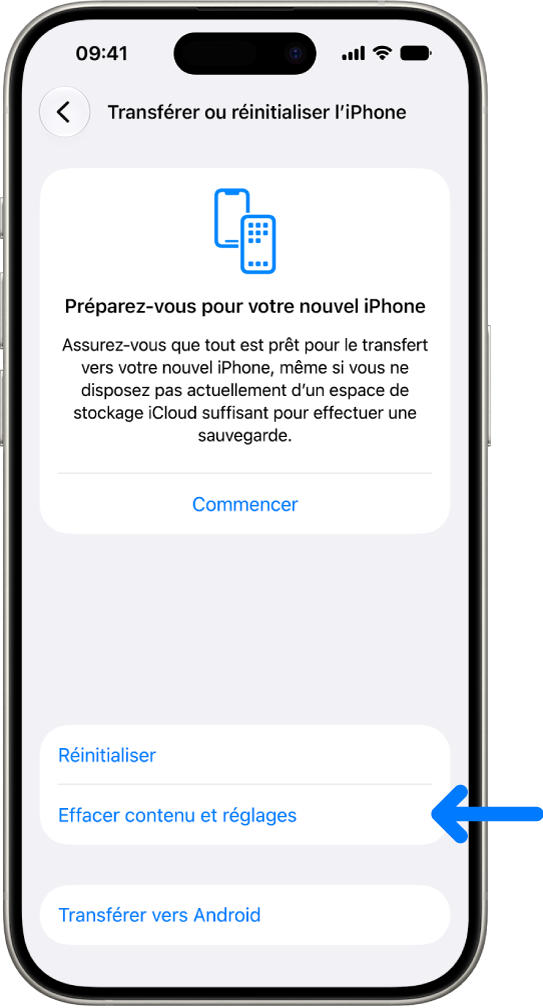 Écran de l’iPhone montrant l’option « Effacer contenu et réglages » sélectionnée.
