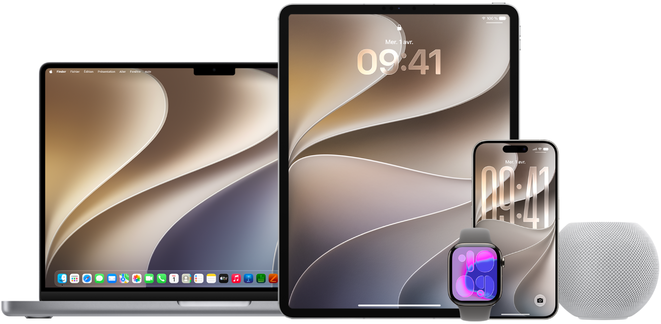 Un MacBook, un iPhone, un iPad, une Apple Watch et un HomePod.