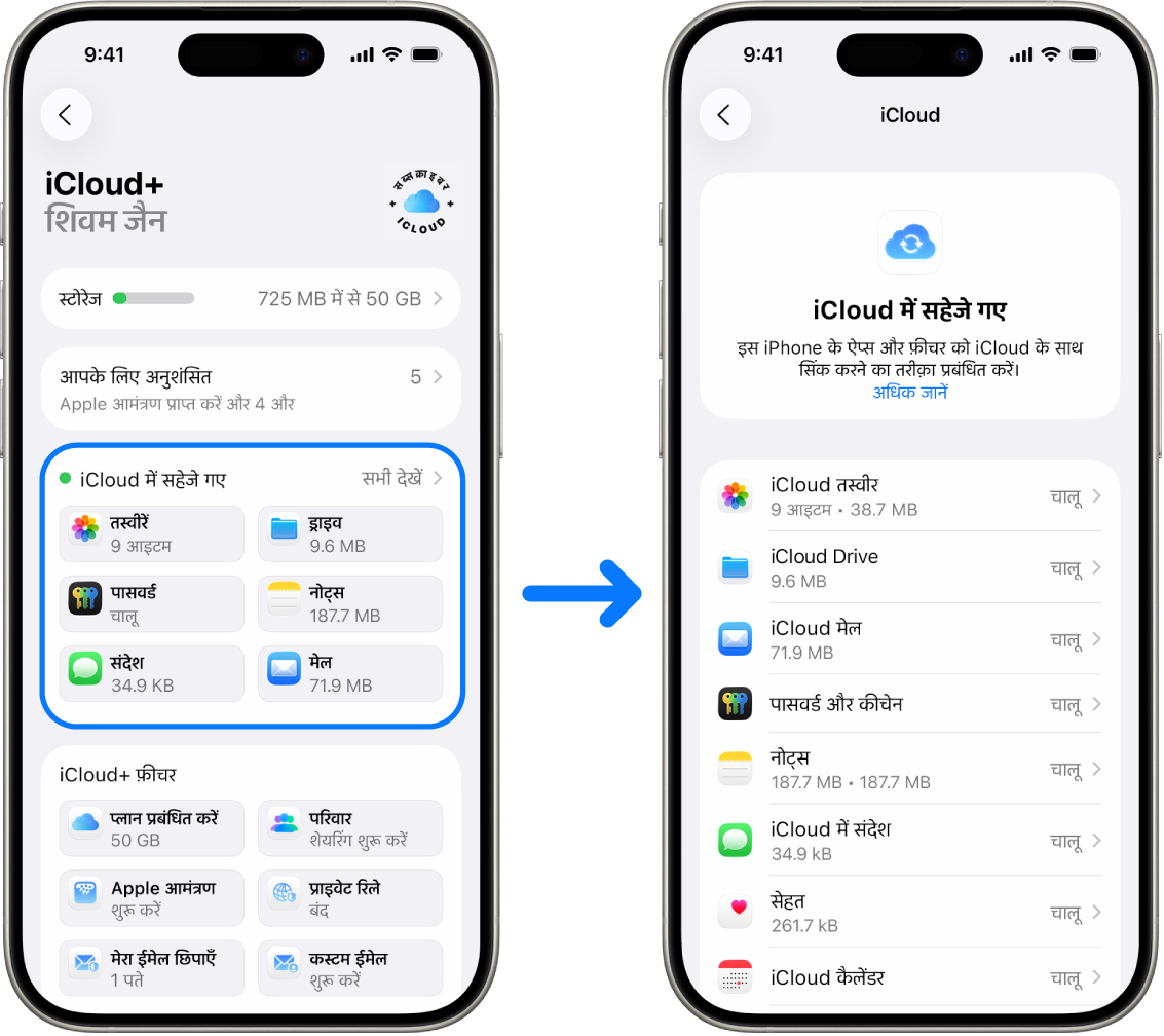 iPhone जो चालू की गईं विभिन्न iCloud सेवाओं के साथ साइन इन किया हुआ Apple खाता खाता दिखा रहा है।