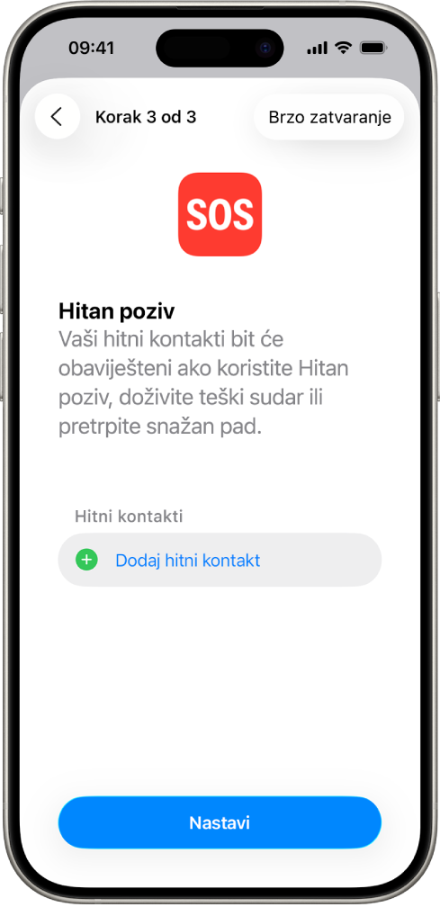 Zaslon iPhonea s prikazom zaslona Hitan poziv