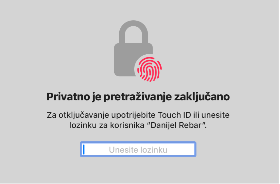 Zaslon privatnog pregledavanja prikazuje da je zaključan.