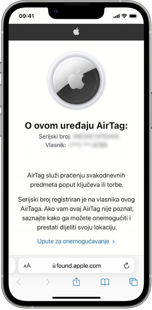 Zaslon iPhonea na kojem se prikazuju informacije o AirTagu.