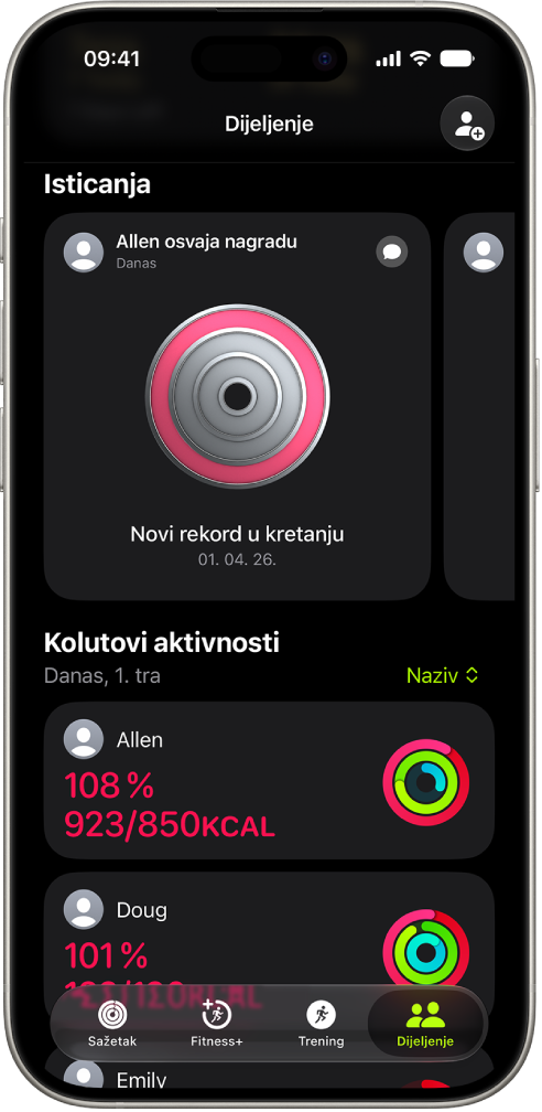 Zaslon iPhonea s prikazom podataka aktivnosti dijeljenih s još dvije osobe.