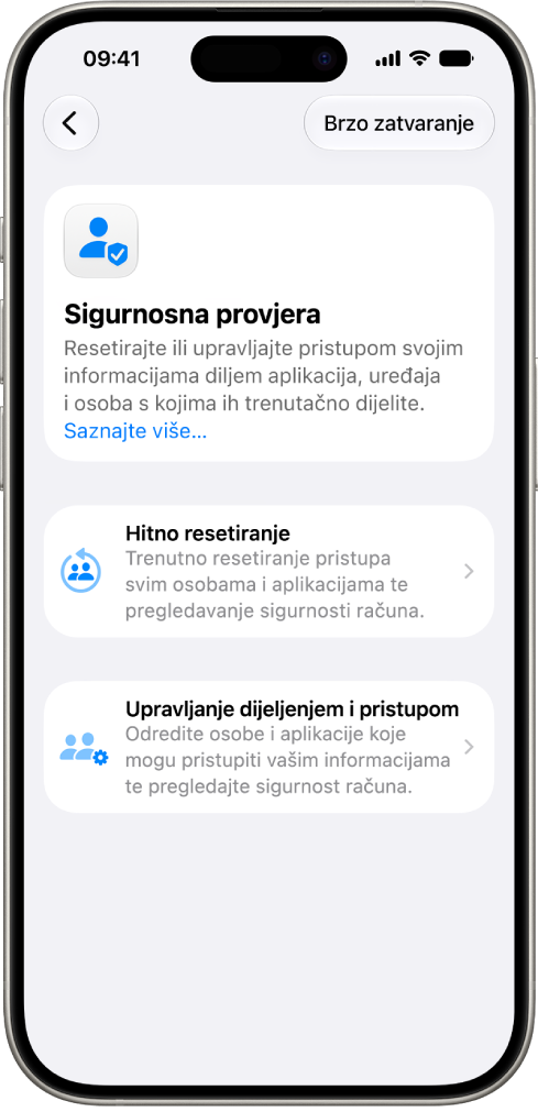 iPhone s prikazom zaslona Sigurnosne provjere