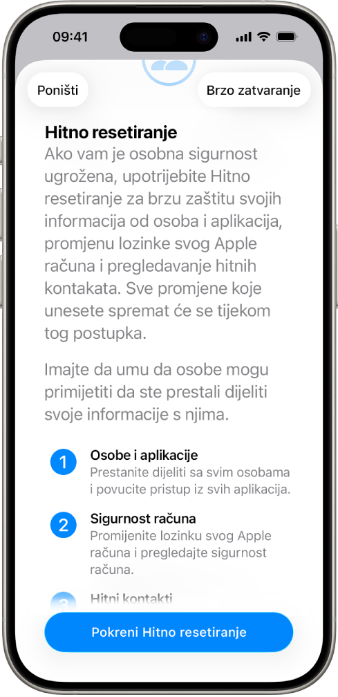 Zaslon prikazuje tipku za pokretanje Hitnog resetiranja.