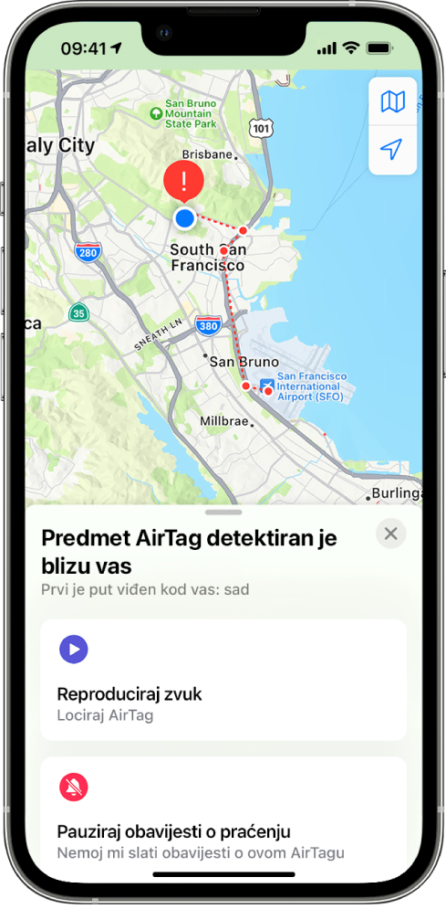 Slika zaslona iPhonea koja prikazuje AirTag detektiran u blizini korisnika u aplikaciji Karte.