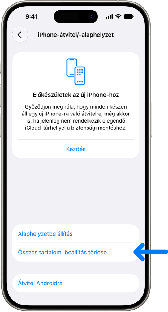 Képernyőfotó egy iPhone-ról, amelyen az Összes tartalom és beállítás törlése opció kijelölve látható.