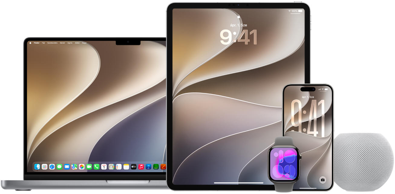 Egy MacBook Pro, egy iPad, egy Apple Watch, egy iPhone és egy HomePod.
