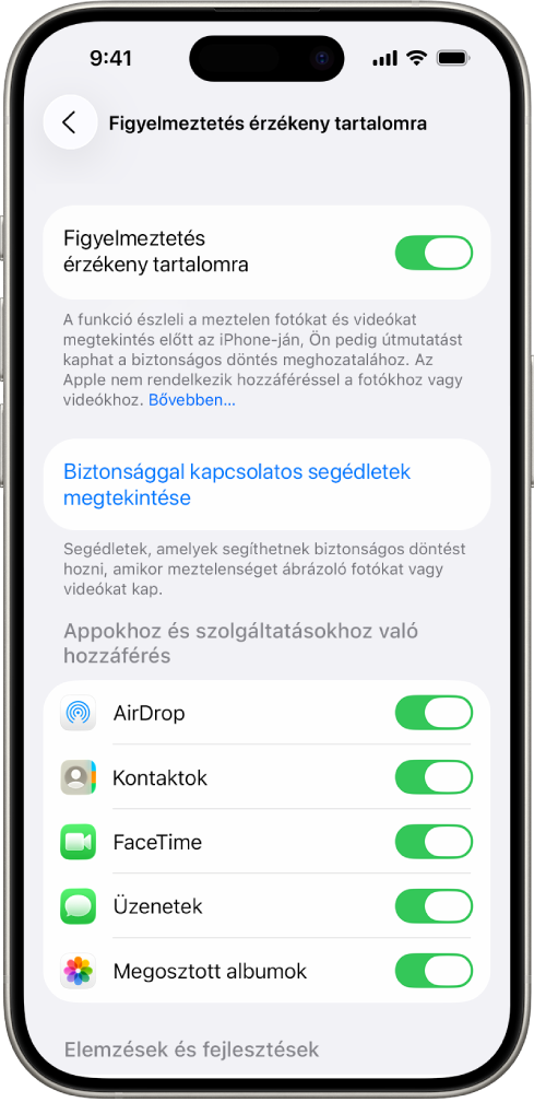Egy iPhone a Figyelmeztetés érzékeny tartalomra képernyővel.