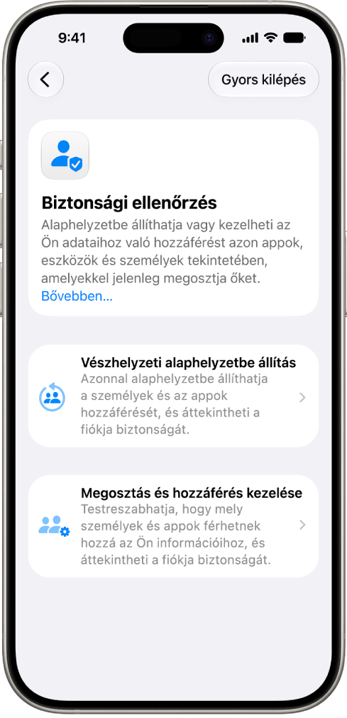 A Biztonsági ellenőrzés funkció képernyője egy iPhone-on.