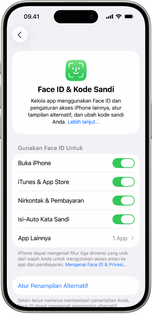 Layar Face ID iPhone menampilkan apa yang dapat digunakan dengan Face ID, seperti Membuka iPhone, iTunes & App Store, Dompet & Apple Pay, dan Isi-Auto Kata Sandi.