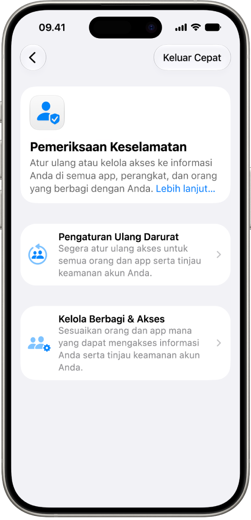 iPhone menampilkan layar Pemeriksaan Keselamatan.