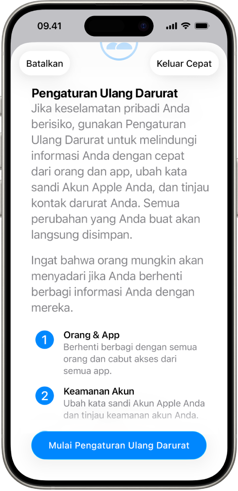 Layar menampilkan tombol untuk memulai Pengaturan Ulang Darurat.